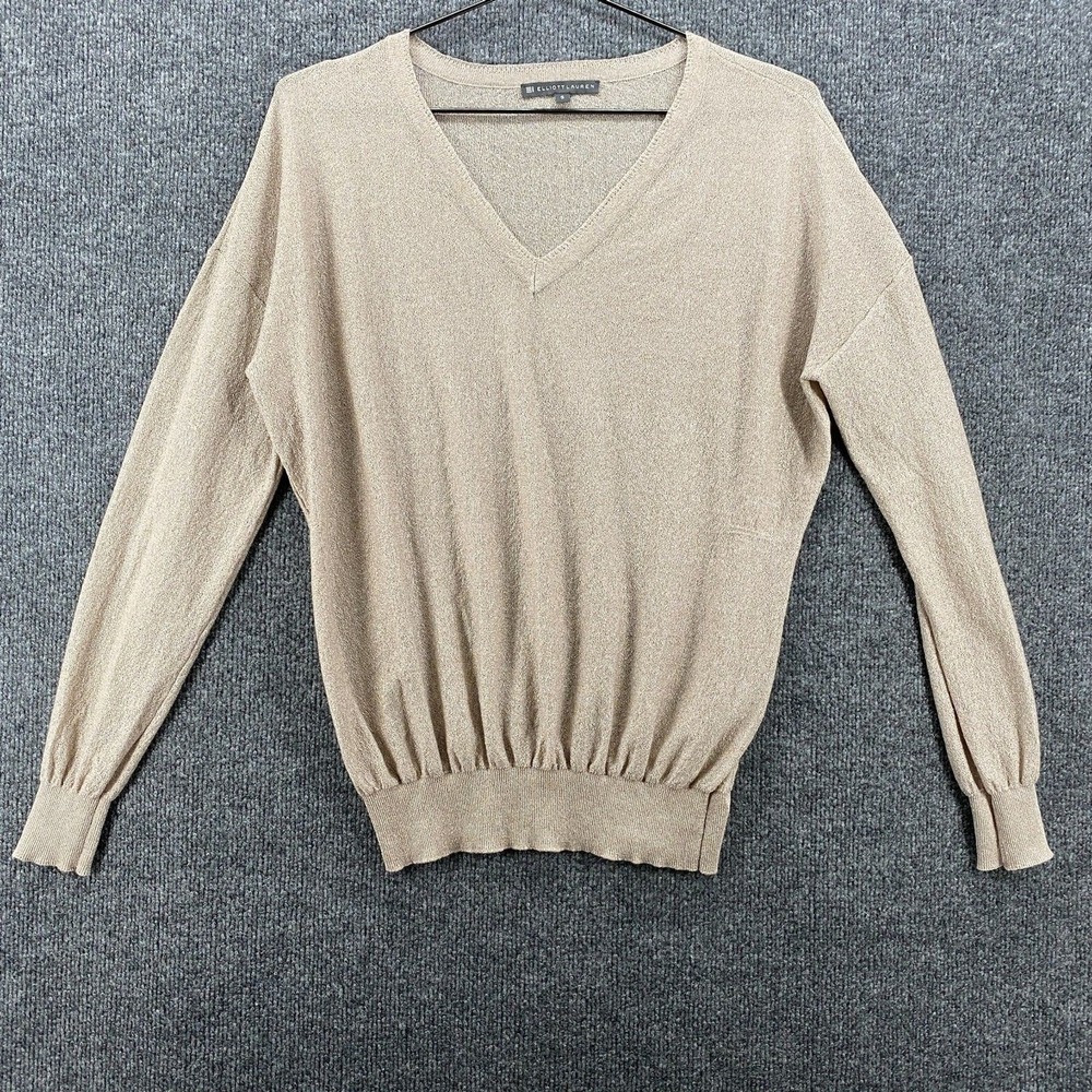 Elliott Lauren Sweater Womens S Gold V-Neck‎ Pullover Lightweight Classic Ecru